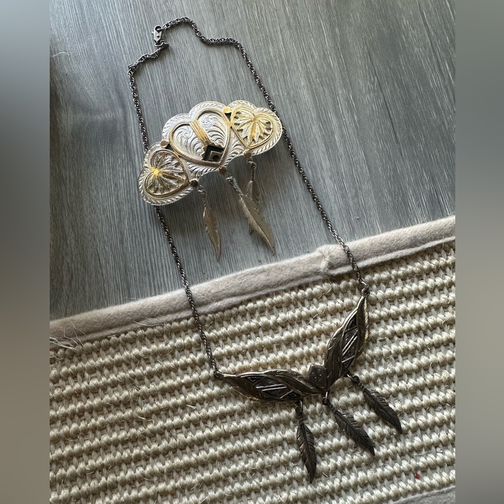 Vintage Silver & Gold Feather Necklace With Three Hearts Hair Clip